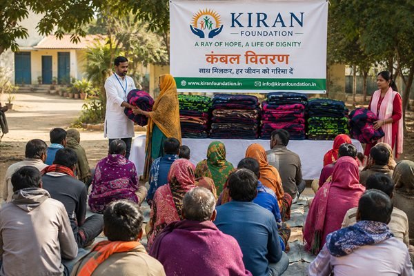 Blankets being distributed at a winter relief camp