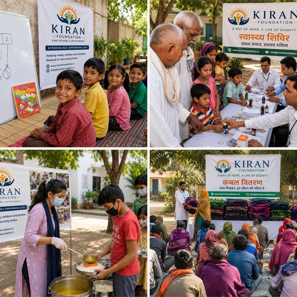 Kiran Foundation education, health, food and winter relief programmes