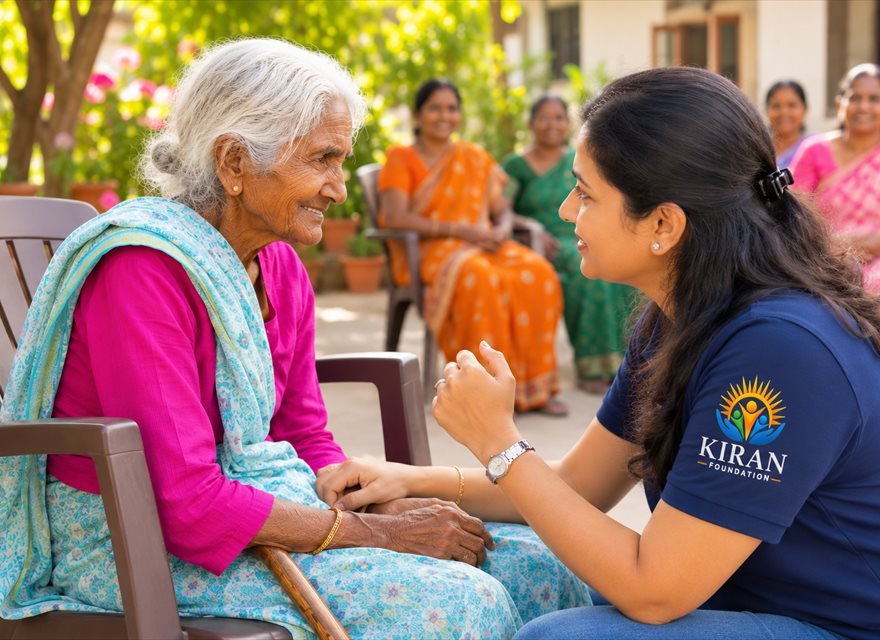 A Kiran Foundation volunteer sitting with an elderly woman