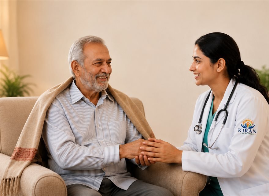 A doctor taking an elderly patient's blood pressure